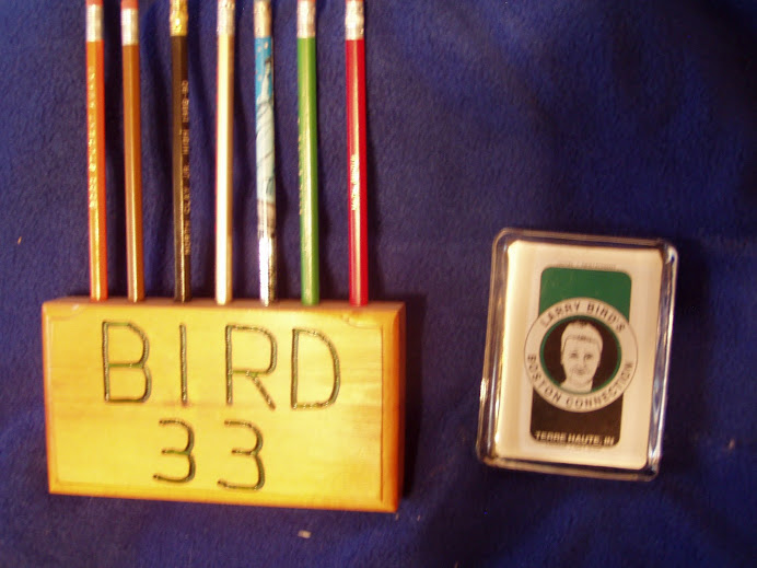 Larry Bird pencil holder i made and Boston Connection paperweight
