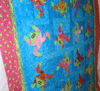 Froggies quilt with 3D elements in the piecing, custom quilting by Angela Huffman - QuiltedJoy.com