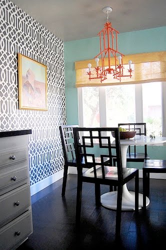 [beach+bungalow+8+imperial+trellis+wallpaper+faux+bamboo+tole+red+chandelier+white+saarinen+table+west+elm+dining+chairs.jpg]