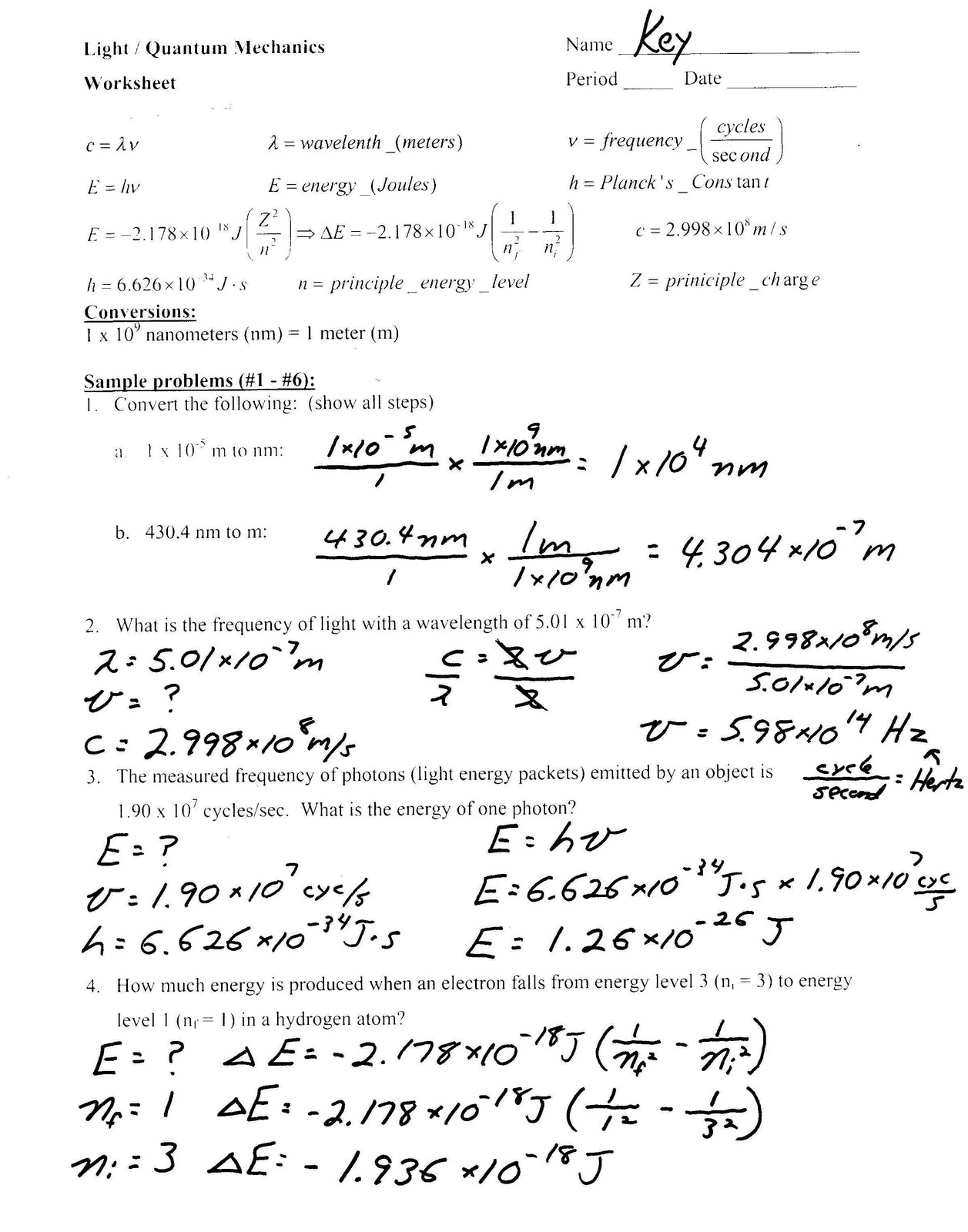 Light Worksheet Physics