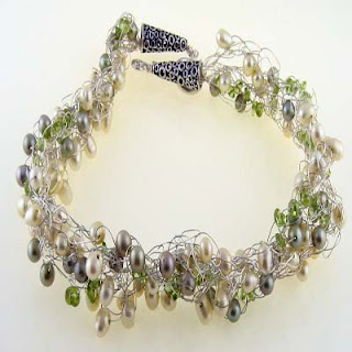 Sterling silver wire crocheted necklace with pearls and peridot