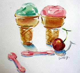 Two ice cream cones and one cherry