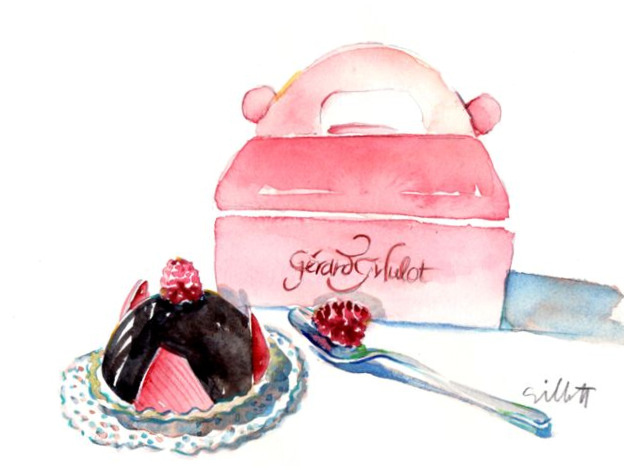 Watercolor red pastry box with chocolate dessert