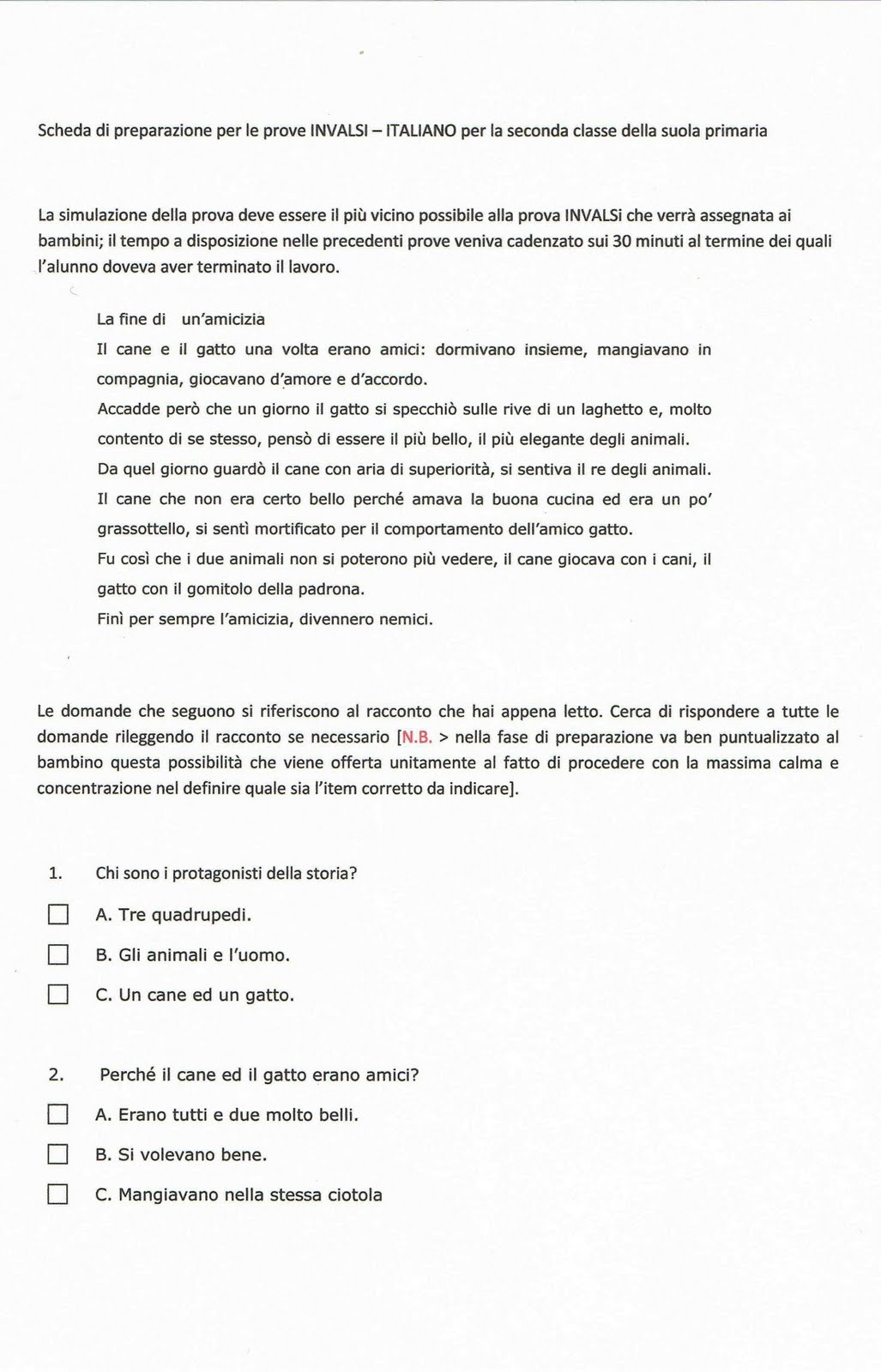 Scheda Di Verifica Di Italiano Preparazione Alla Prova Invalsi Per La Classe Seconda Della Scuola Primaria Scheda Stampabile E Gratuita