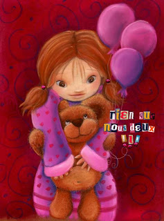 petite princesse fée en illustration avec un nounours dans les bras qui tient des ballons roses