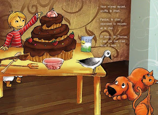illustration enfant de Thomas le petit chef qui est en train de faire un gâteau avec ses amis le chien, le chat et la mouette par l'illustratrice laure