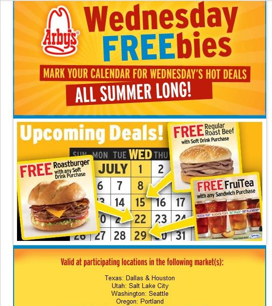 Arby's Coupons www Arby's com Arbys Coupons Wednesday Freebees