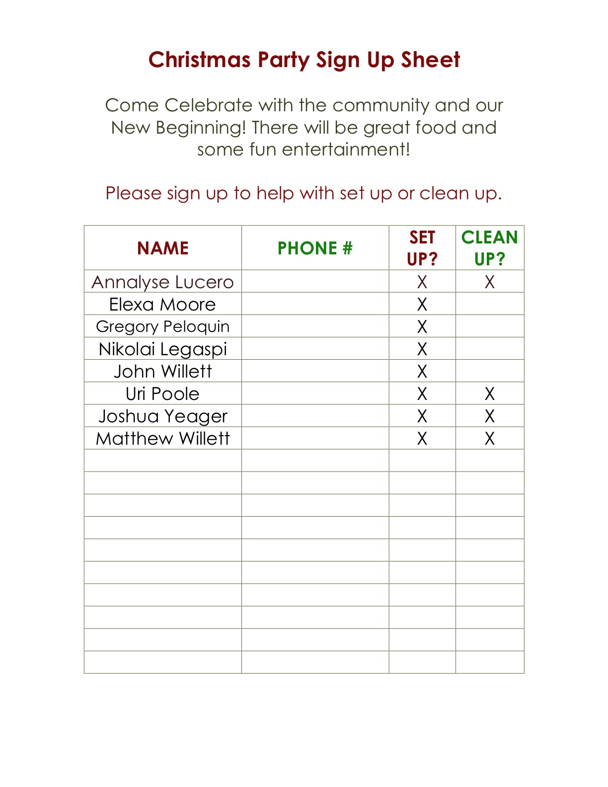 Christmas Party Sign Up Sheet Free Template Search Results Calendar 