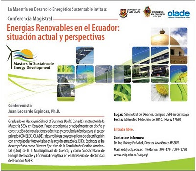 Conferencia: Energías Renovables en el Ecuador: situación actual y perspectivas