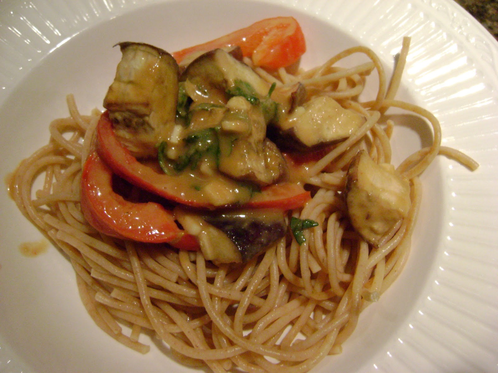A Happy Taste! Eggplant and Peppers in Spicy Chinese Peanut Sauce
