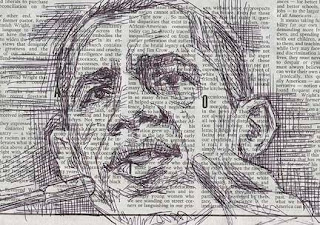 portrait of Obama drawn with pen on newspaper