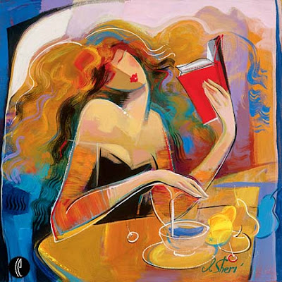 abstract of woman reading a book. Called poetry reading