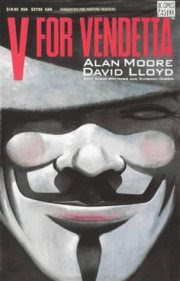 graphic novel cover, v for vendetta over paper mache mask