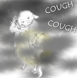 Pencil drawing: My mouse avatar coughs under heavy smoke. He tries to waft it away usuccessfully. 