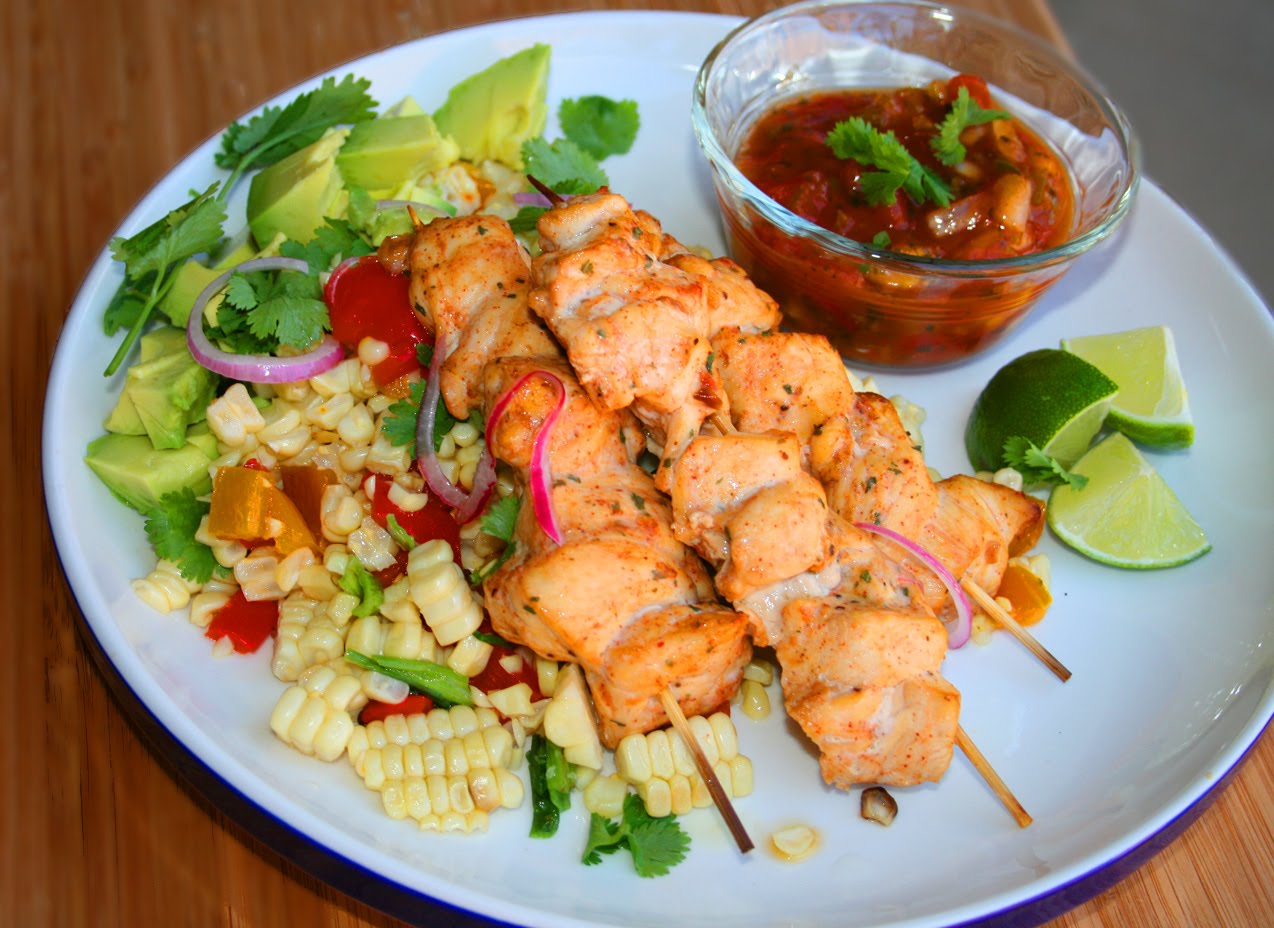 Om Chef Roasted Corn, Quinoa and Cumin Chicken Kabobs