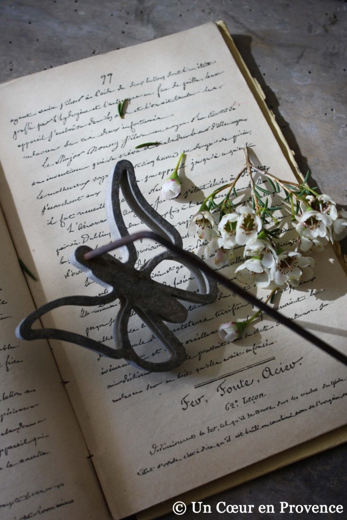 A old beignets iron on a book of writings