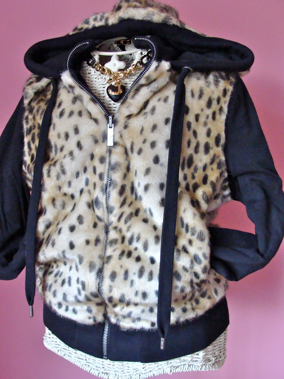 Juicy Couture Black Faux Fur Leopard Reversible Hoodie