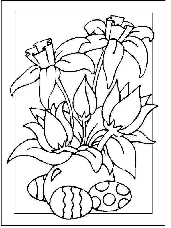 This Easter colouring page looks like a painting with a frame around  title=