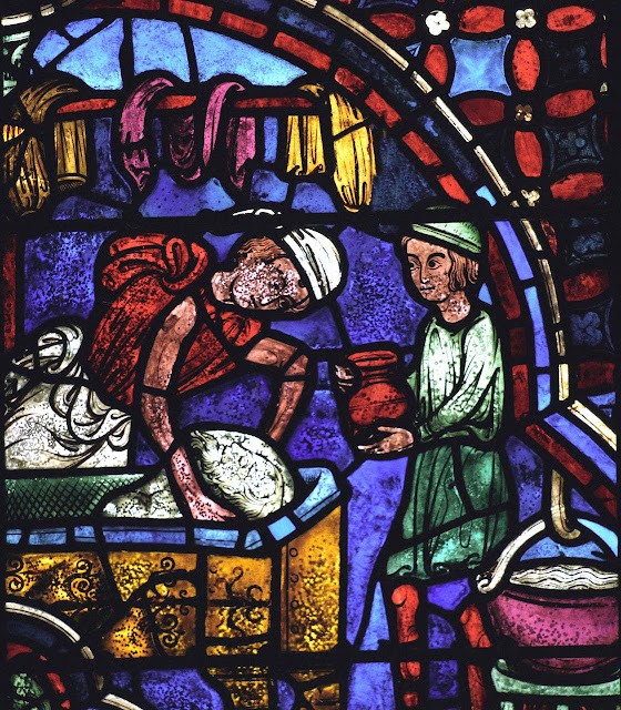 Tintureiro, aprendiz auxilia mestre e aprende ofício. Catedral de Chartres, vitral dos Apóstolos