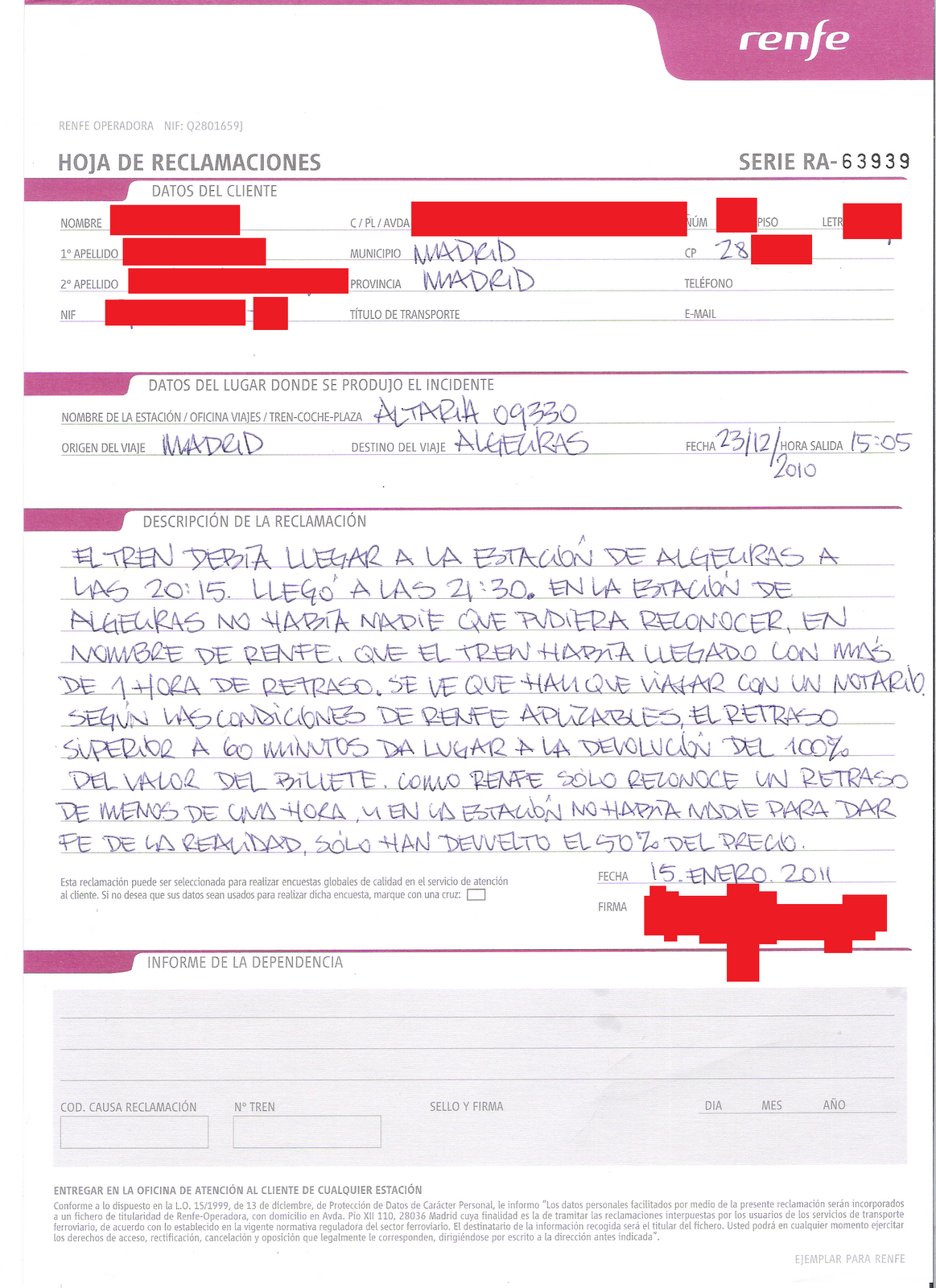 Reclamación ADSL Retrasos Renfe linea Madrid