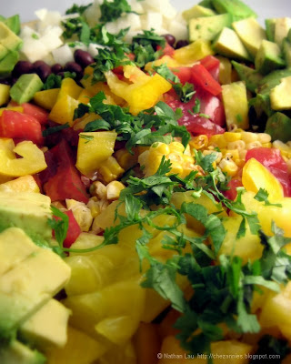 Chopped Mexican Salad with Grilled Corno di Toro Peppers, Bicolored Corn, Heirloom Tomatoes, Jicama, Avocado and Black Beans