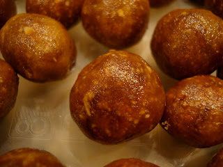 Close up of No Bake Peanut Butter Vanilla Balls in container 