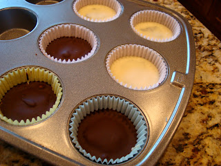 Vegan White Chocolate Chocolate-Peanut Butter Cups out of refrigerator in muffin tin