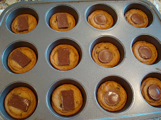 Peanut Butter Cup & Dark Chocolate Carmel Chocolate Chip Cookies in muffin tin