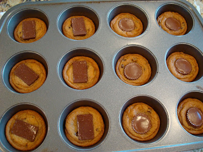 Overhead of Peanut Butter Cup Chocolate Chip Cookies in muffin tin