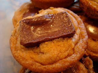 Close up of one Non-Vegan Chocolate Chip Cookie with Dove Dark Chocolate Caramel Centers