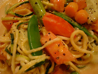 Up close of Spiralized Noodles with vegetables in Peanut Sauce