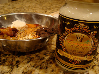 Ingredients for Protein Bars in bowl with coconut oil
