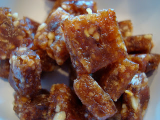 Close up of Raw Vegan Caramels in white dish