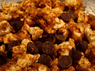 Close up of popcorn with chocolate chips 