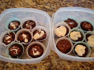 Finished Brownie Cupcakes with Mint Chocolate Frosting with White Chocolate Drizzle in clear containers