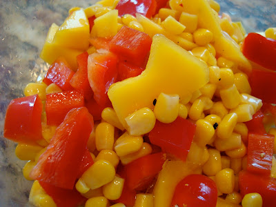 Close up of Sweet Corn Salsa with Mango, Lime, Red Pepper