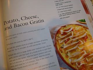 Page in book with Potato, Cheese and Bacon Gratin recipe
