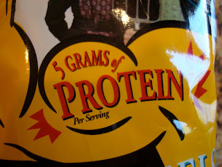 Close up of bag saying 5 grams of protein per serving