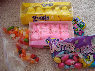 Close up of various types of candy from baskets
