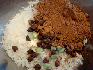 Dry ingredients in bowl to make No Bake Vegan Mint Chocolate Coconut Snowballs