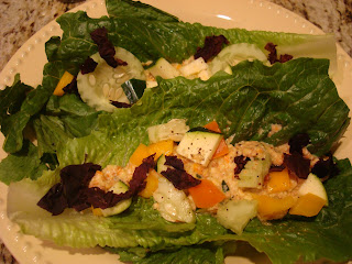 Sweet and Tangy Chickenless Chicken Salad on romaine leaves