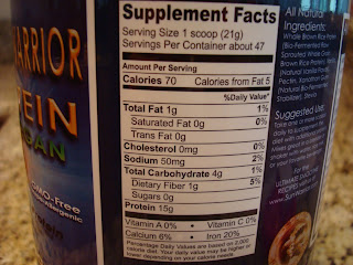 Nutritional information on Sun Warrior Chocolate Brown Rice Protein Powder container