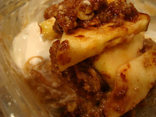 Close up of Raw Vegan Apple Crumble over Banana Softserve with cool whip