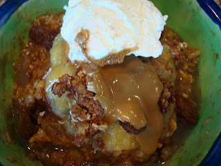 Oatmeal topped with brûlée, raisins  Raw Apple Crumble Topping crumble mixture, sunflower butter and cool whip