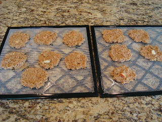 Mixture formed into pancake patties and placed on dehydrator trays
