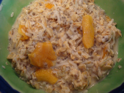 Overhead of Overnight Chia Seed-Coconut-Mango Soaked Oats in green bowl - 21