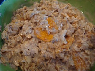 Stirred up and refrigerated oats after soaking showing mango