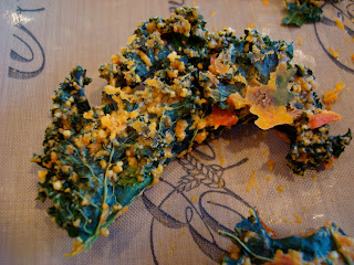 Close up of one kale chip on dehydrator tray