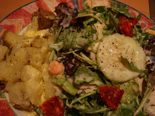 Salad with CreamyVegan Cesar-Inspired Tahini Dressing and potatoes on side