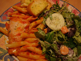 Baked Ziti with Chicken Parmesan and side salad